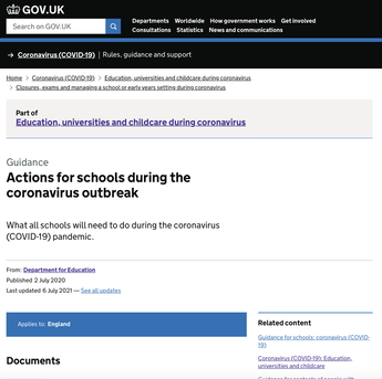 Webpage: Guidance Actions for schools during the coronavirus outbreak
