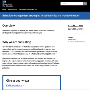 Webpage: Behaviour management strategies, in-school units and managed moves
